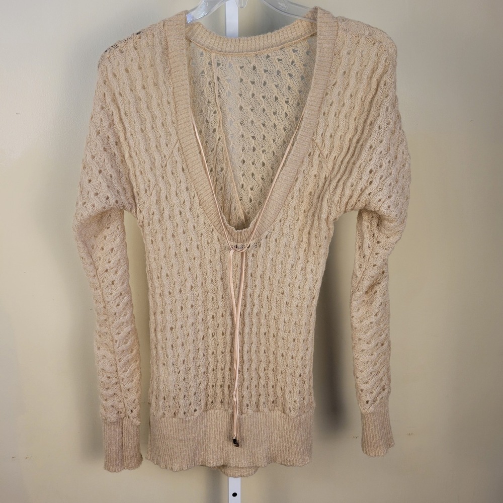 Patrizia Pepe Sera Women Beige Mohair Blend Open Knit V-Neck Tie Sweater Italy S - Picture 3 of 9